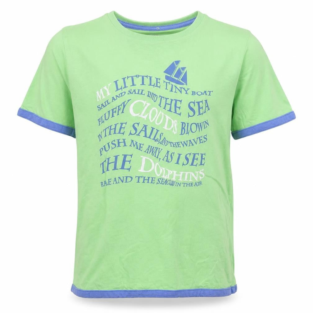 Front view of TEX boys’ green cotton basic t-shirt, size 11-12, years round neck pullover - boat text