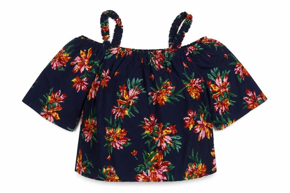 Front view of Brave Soul women’s blue floral polyester basic blouse, size L, off the shoulder - cold shoulder