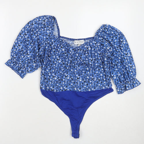 In the Style Womens Blue Floral Polyester Bodysuit One-Piece Size 16 Snap