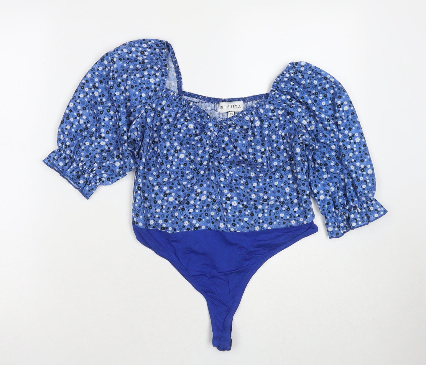 In the Style Womens Blue Floral Polyester Bodysuit One-Piece Size 16 Snap