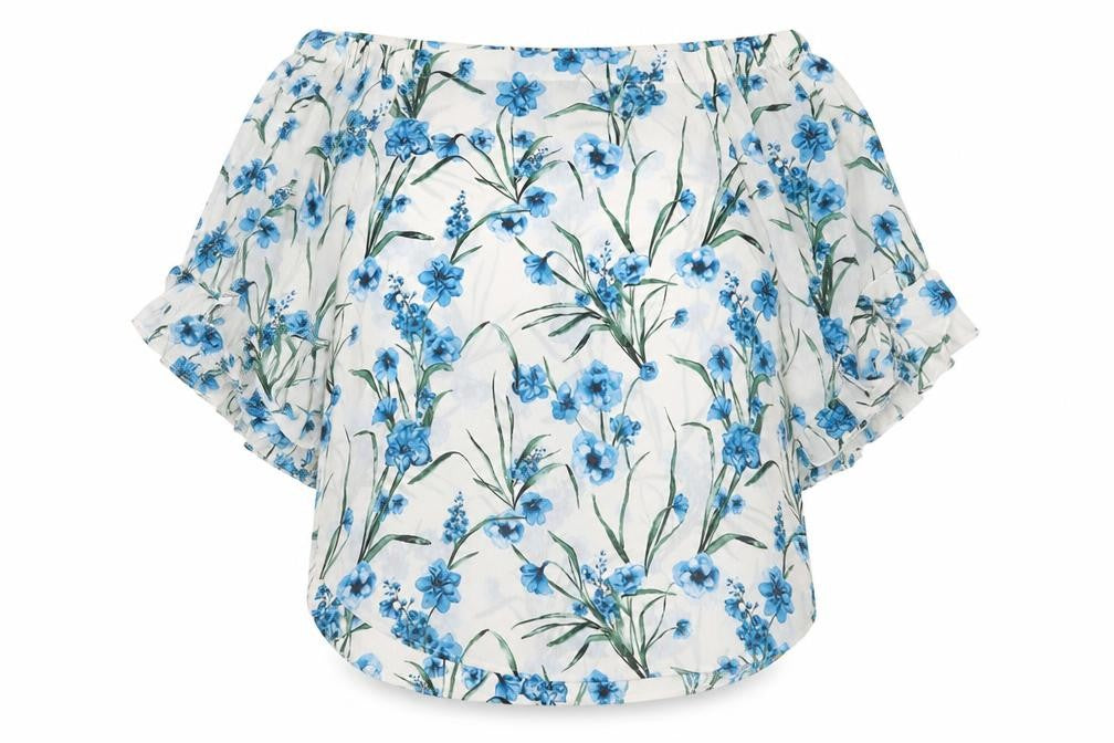 Front view of New Look women’s multicoloured floral polyester basic blouse, size UK 12, off the shoulder