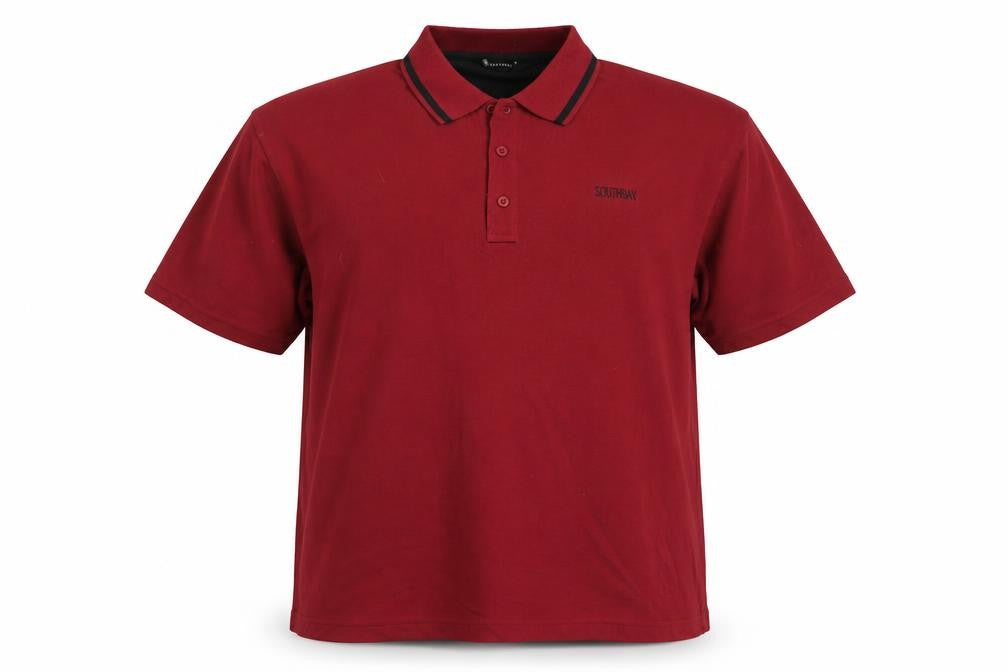 Front view of South Bay men’s red polyester polo, size XL, collared pullover