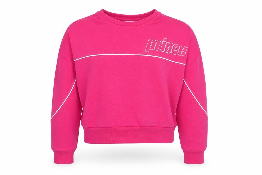 Front view of Prince women’s pink cotton pullover sweatshirt, size UK 12, pullover - logo, cropped, size UK 12-14