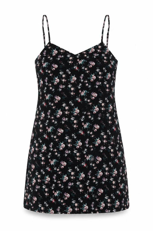 Front view of Divided by H&M women’s black floral polyester tank dress, size UK 10, v-neck pullover