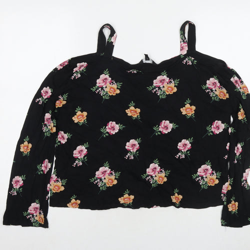 New Look Womens Black Floral Viscose Basic Blouse Size 14 Off the Shoulder - Cold Shoulder