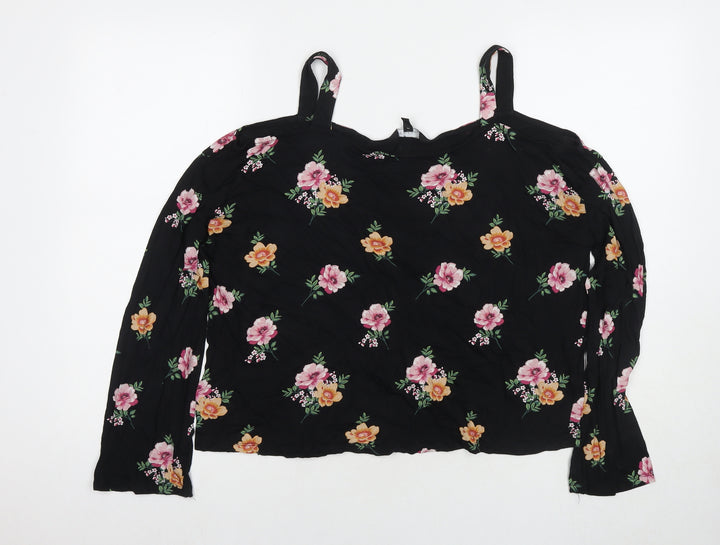 New Look Womens Black Floral Viscose Basic Blouse Size 14 Off the Shoulder - Cold Shoulder
