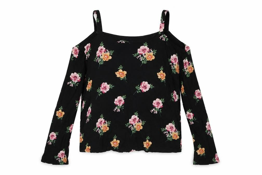 Front view of New Look women’s black floral viscose basic blouse, size UK 14, off the shoulder - cold shoulder