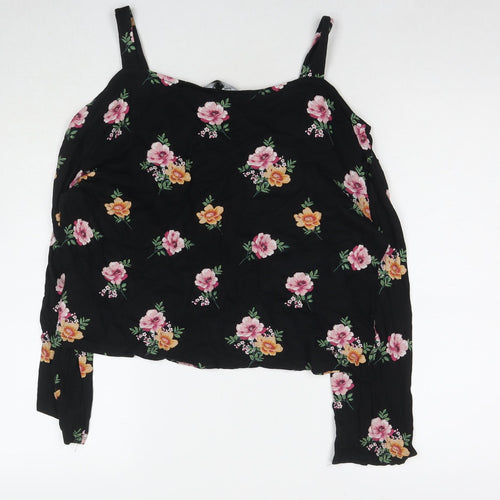 New Look Womens Black Floral Viscose Basic Blouse Size 14 Off the Shoulder - Cold Shoulder
