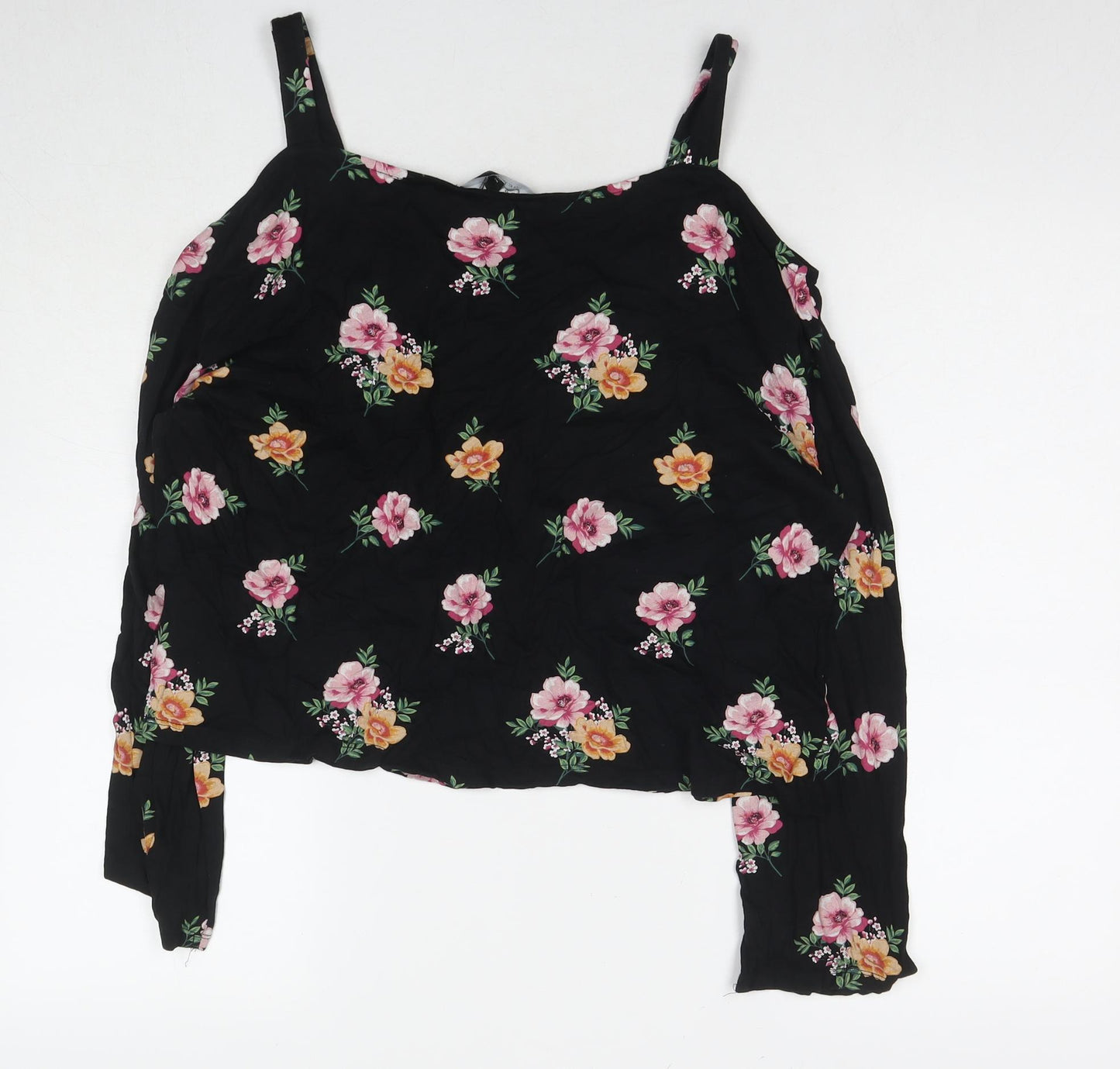 New Look Womens Black Floral Viscose Basic Blouse Size 14 Off the Shoulder - Cold Shoulder