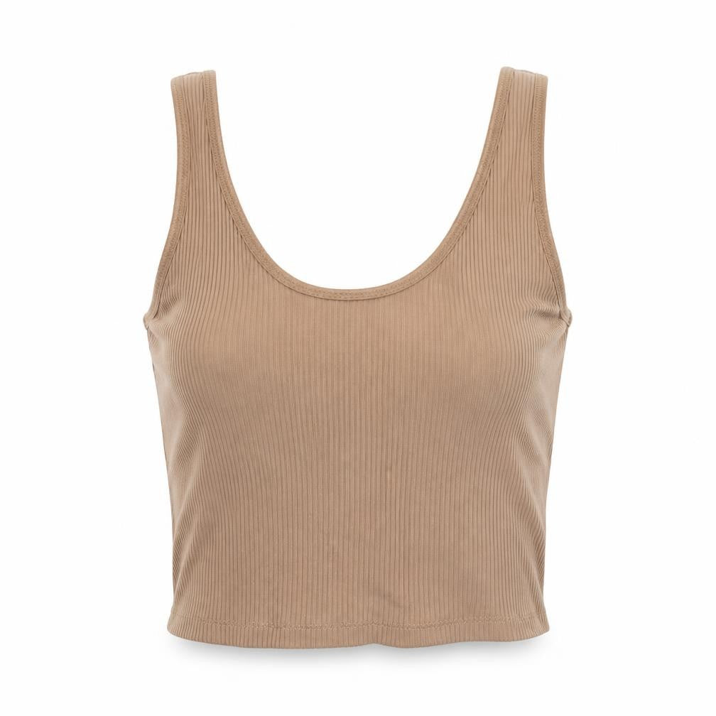 Front view of Stradivarius women’s beige polyester cropped tank, size M, round neck