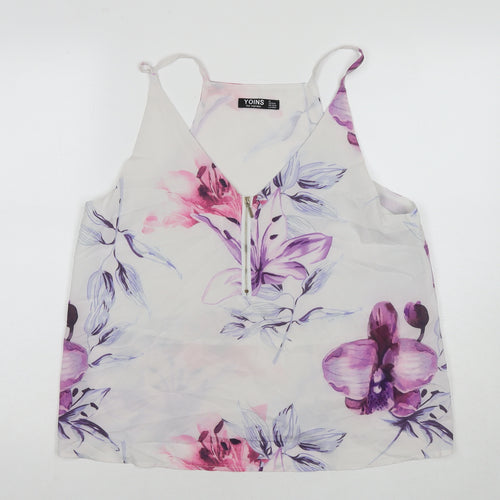Yoins Womens White Floral Polyester Basic Tank Size 12 Round Neck