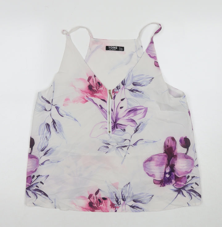 Yoins Womens White Floral Polyester Basic Tank Size 12 Round Neck