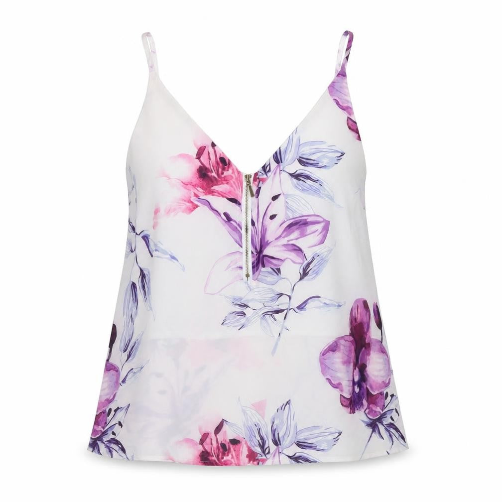 Front view of Yoins women’s white floral polyester basic tank, size UK 12, round neck