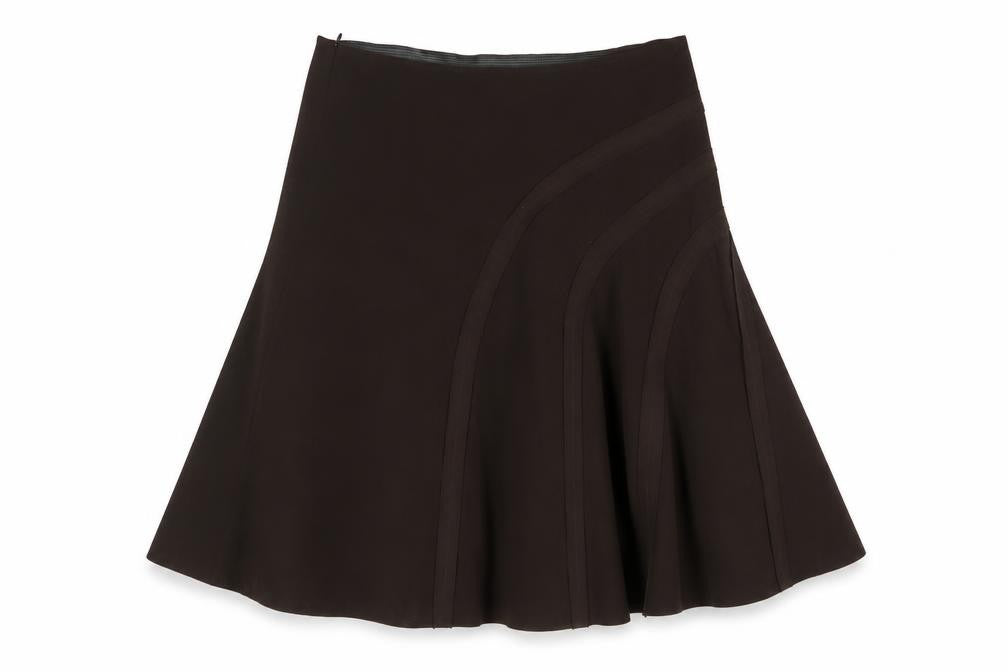 Front view of MK One women’s brown polyester a-line skirt, size UK 34, in zip