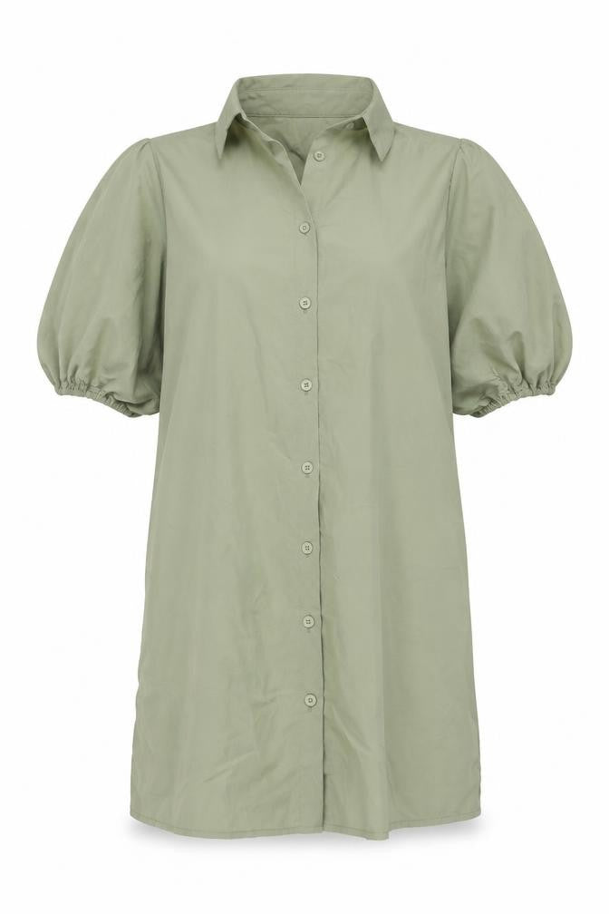 Front view of PRETTYLITTLETHING women’s green cotton shirt dress, size UK 4, collared pullover
