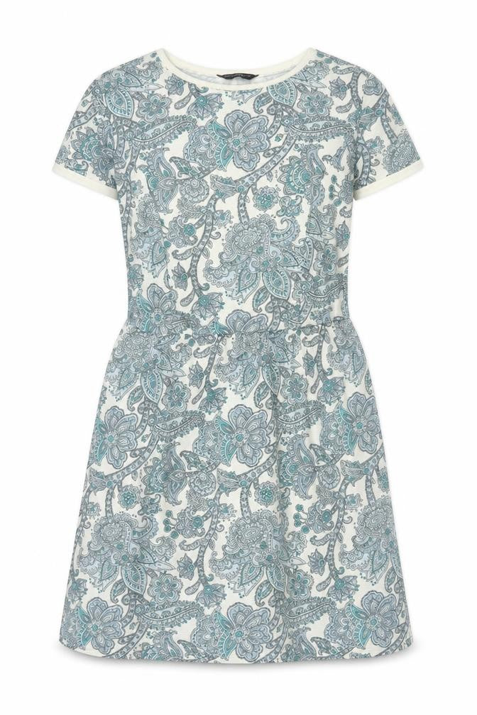 Front view of Dorothy Perkins women’s blue floral polyester a-line, size UK 14, round neck pullover