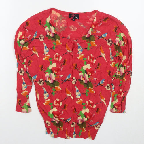 Yumi Womens Pink Round Neck Floral Cotton Cardigan Jumper Size L