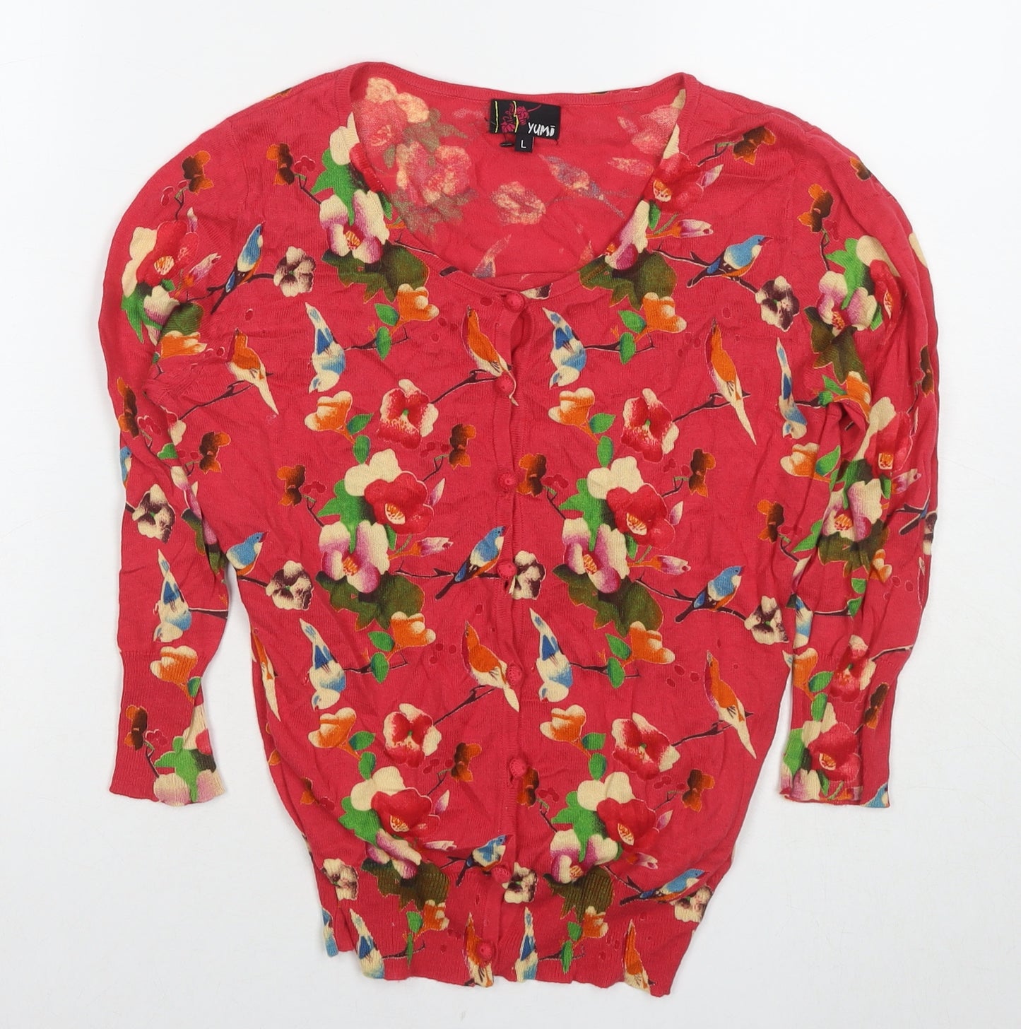 Yumi Womens Pink Round Neck Floral Cotton Cardigan Jumper Size L