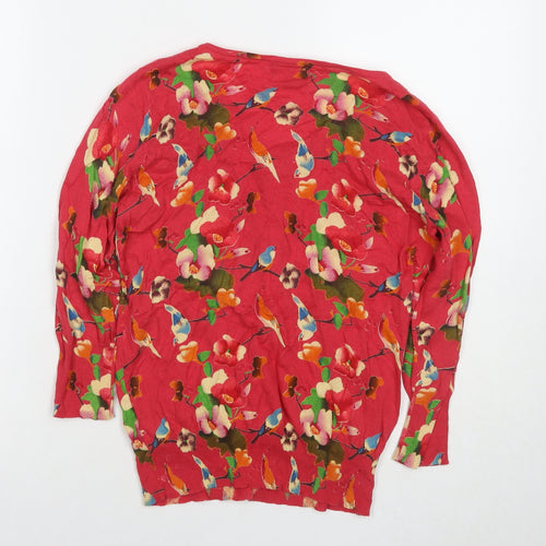 Yumi Womens Pink Round Neck Floral Cotton Cardigan Jumper Size L