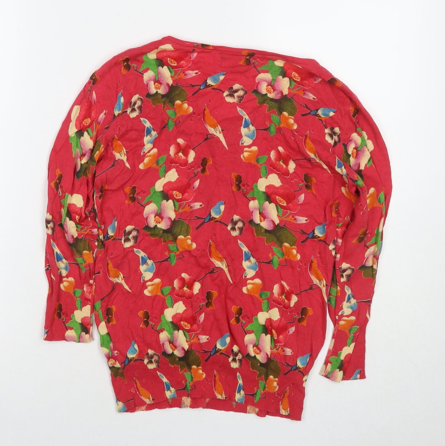 Yumi Womens Pink Round Neck Floral Cotton Cardigan Jumper Size L