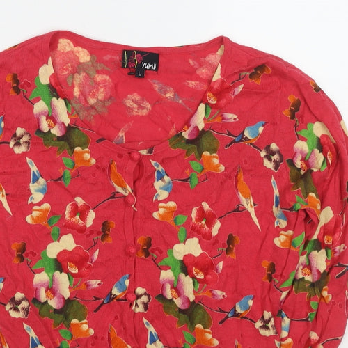 Yumi Womens Pink Round Neck Floral Cotton Cardigan Jumper Size L