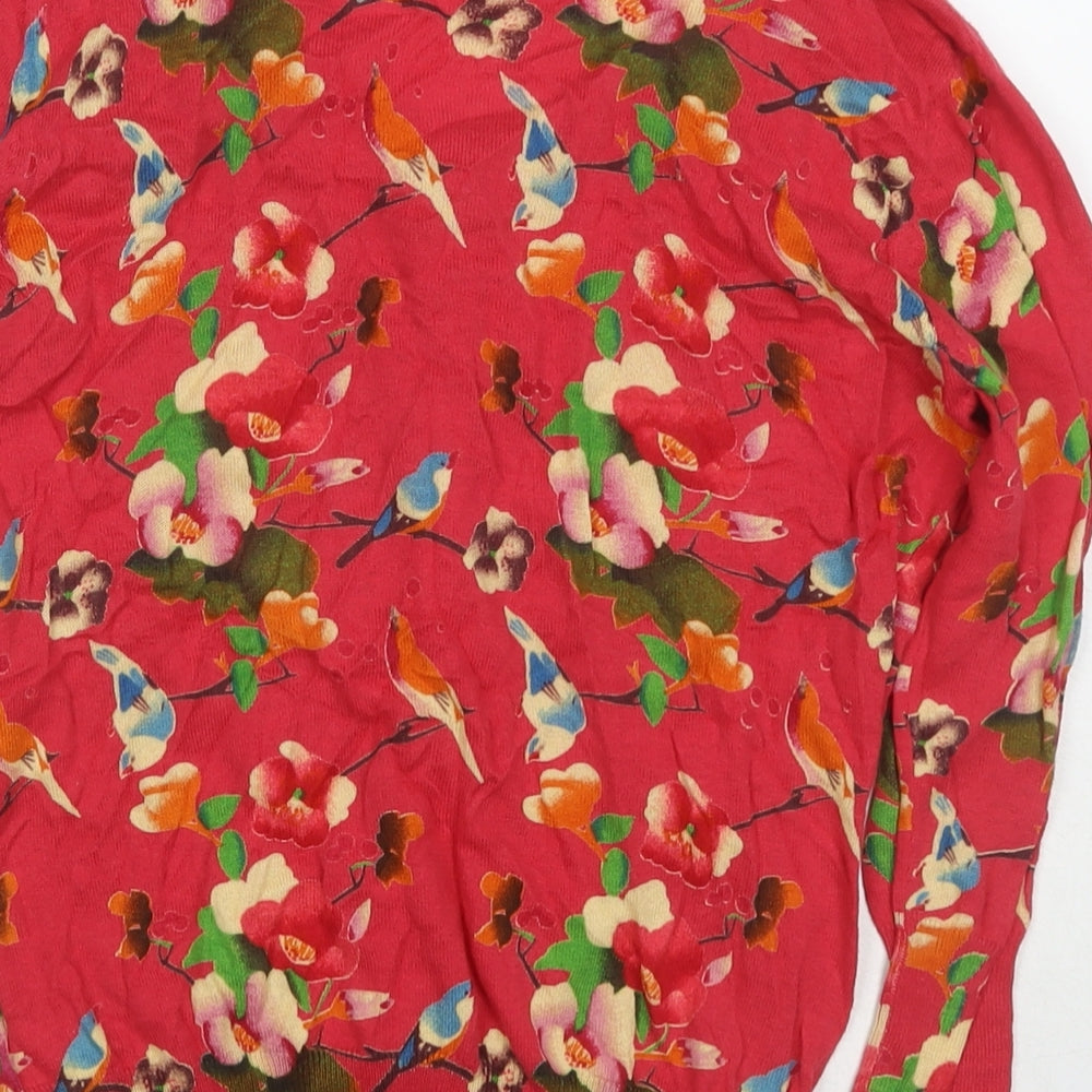 Yumi Womens Pink Round Neck Floral Cotton Cardigan Jumper Size L