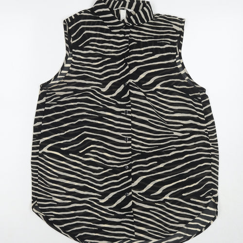 H&M Womens Black Animal Print Polyester Basic Button-Up Size 10 Collared - Zebra Print