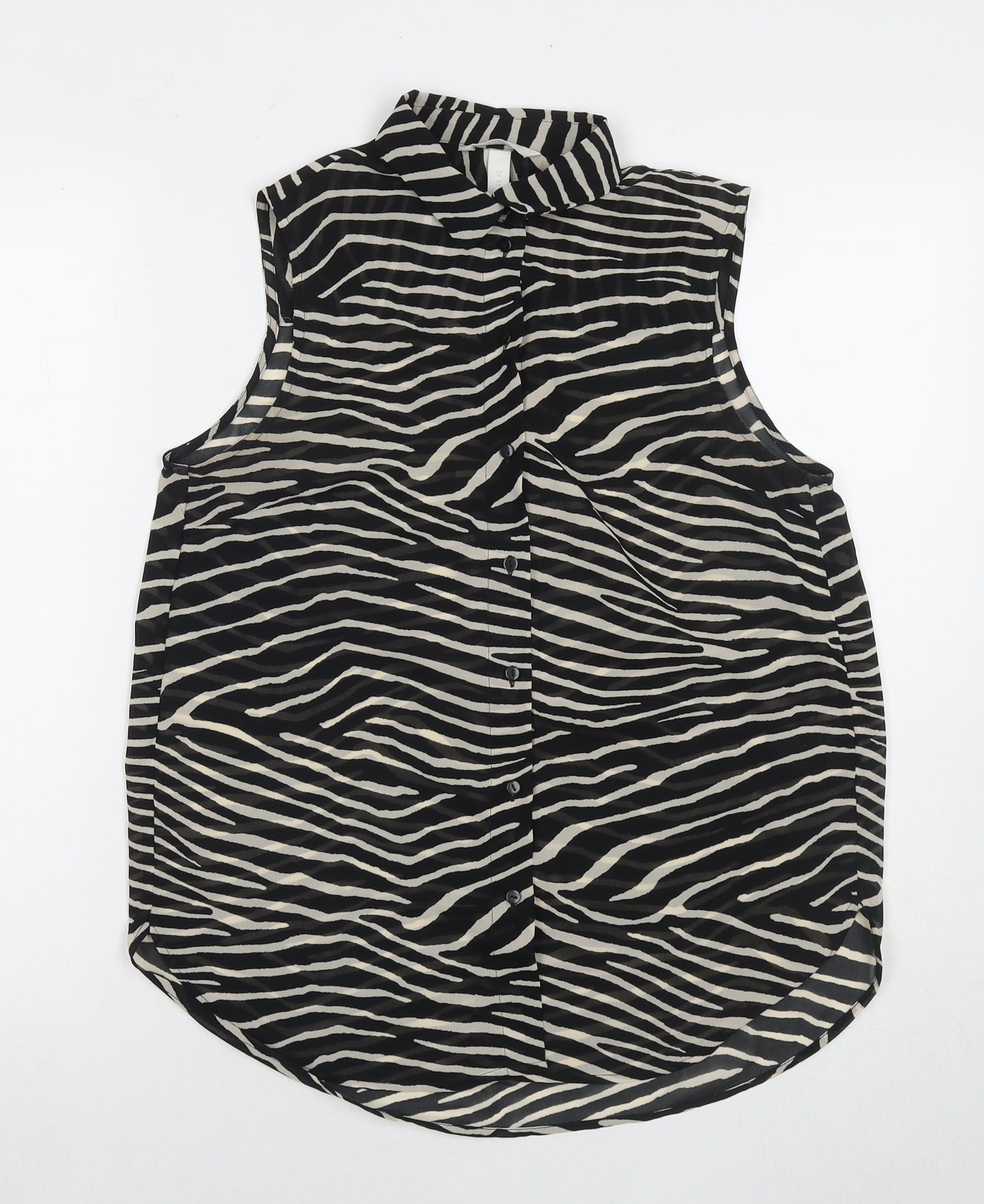 H&M Womens Black Animal Print Polyester Basic Button-Up Size 10 Collared - Zebra Print