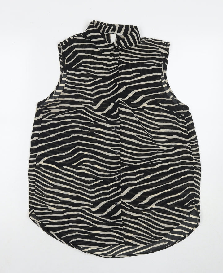 H&M Womens Black Animal Print Polyester Basic Button-Up Size 10 Collared - Zebra Print