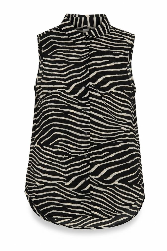 Front view of H&M women’s black animal print polyester basic button-up, size UK 10, collared - zebra print