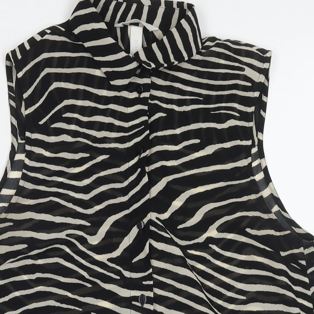 H&M Womens Black Animal Print Polyester Basic Button-Up Size 10 Collared - Zebra Print