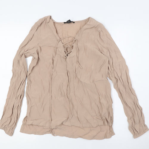 FOREVER 21 Womens Beige Viscose Basic Button-Up Size S Boat Neck