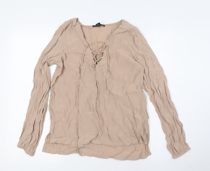 FOREVER 21 Womens Beige Viscose Basic Button-Up Size S Boat Neck