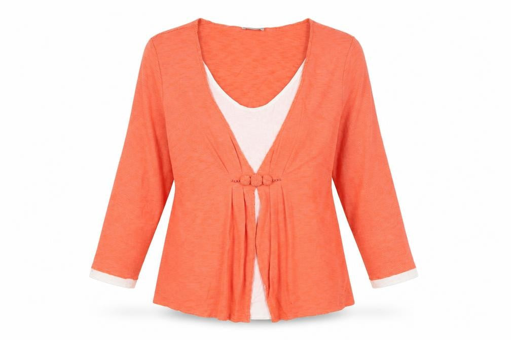 Front view of Per Una women’s orange viscose basic blouse, size UK 12, scoop neck - mock cardigan