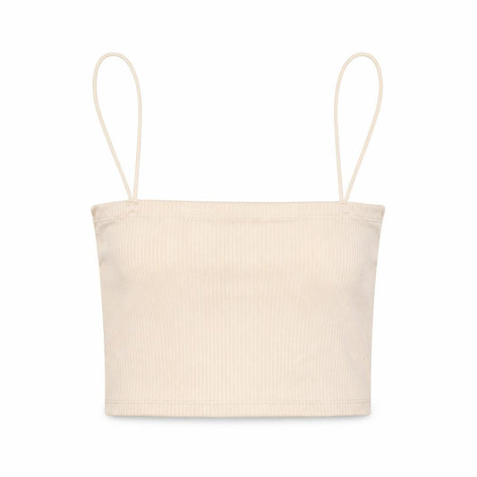 Front view of Pull&Bear women’s ivory polyester cropped button-up, size S, square neck - ribbed