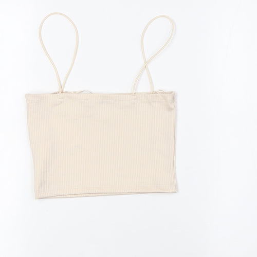 Pull&Bear Womens Ivory Polyester Cropped Button-Up Size S Square Neck - Ribbed