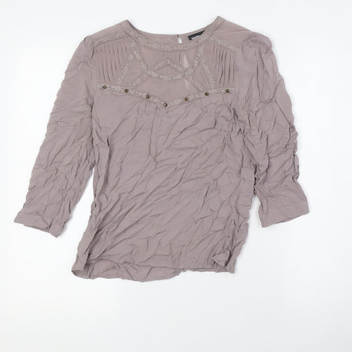 Warehouse Womens Beige Polyester Basic Blouse Size 8 Round Neck - Lace Detail