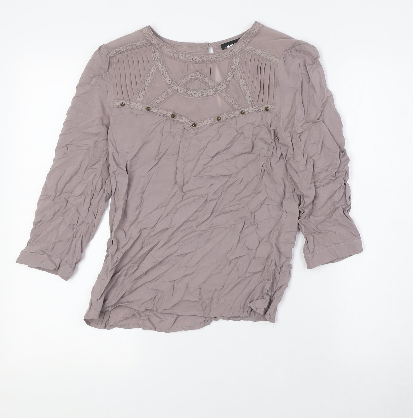 Warehouse Womens Beige Polyester Basic Blouse Size 8 Round Neck - Lace Detail