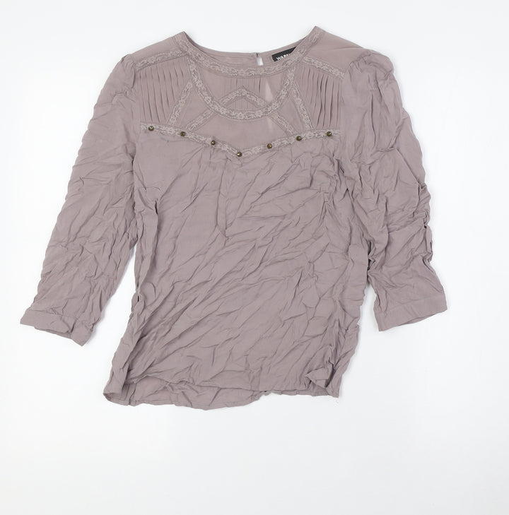 Warehouse Womens Beige Polyester Basic Blouse Size 8 Round Neck - Lace Detail