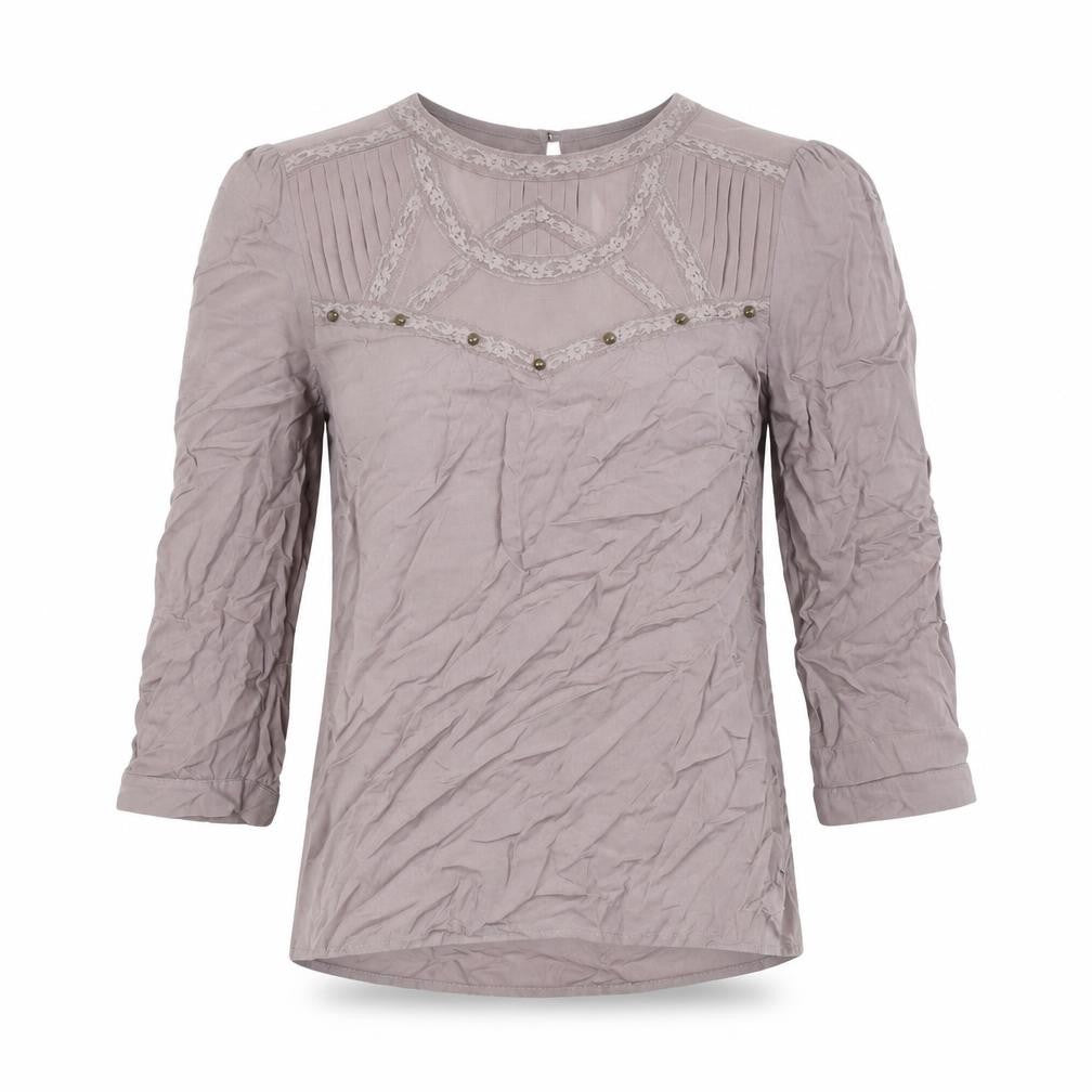 Front view of Warehouse women’s beige polyester basic blouse, size UK 8, round neck - lace detail