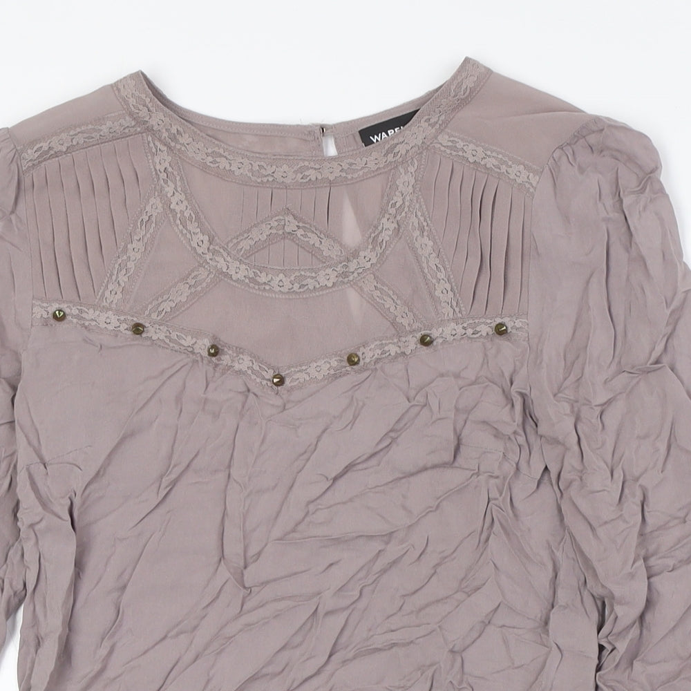 Warehouse Womens Beige Polyester Basic Blouse Size 8 Round Neck - Lace Detail