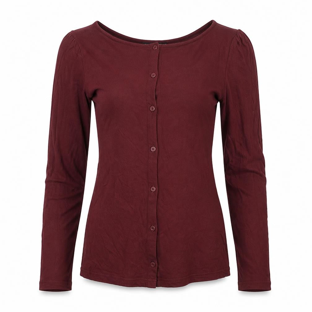 Front view of Warehouse women’s red viscose basic button-up, size UK 10, round neck
