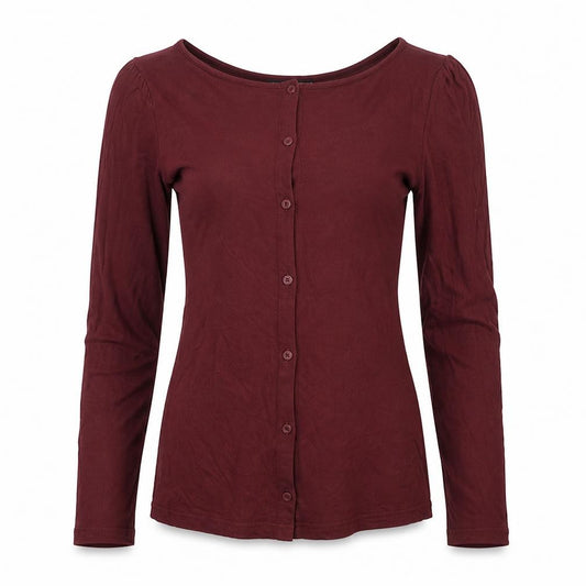 Front view of Warehouse women’s red viscose basic button-up, size UK 10, round neck