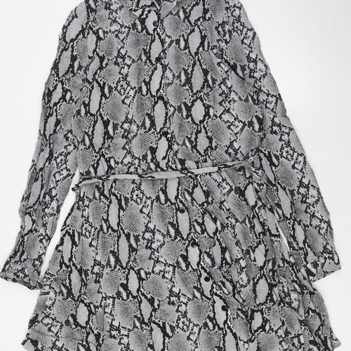Select Womens Grey Animal Print Viscose A-Line Size 16 Collared Button - Belted