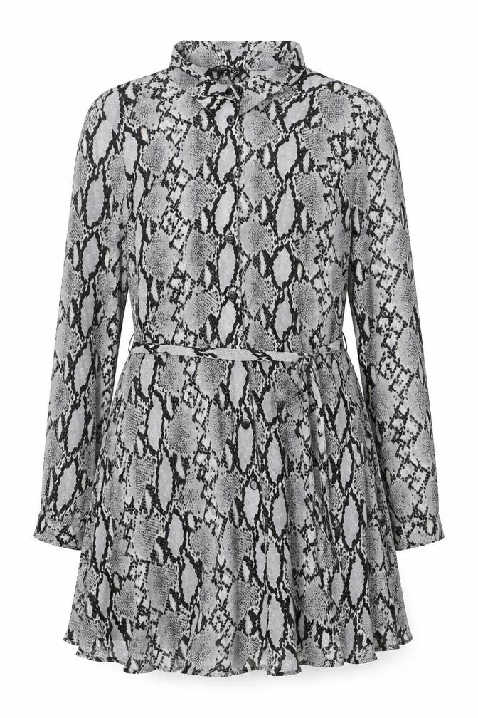Front view of Select women’s grey animal print viscose a-line, size UK 16, collared button - belted
