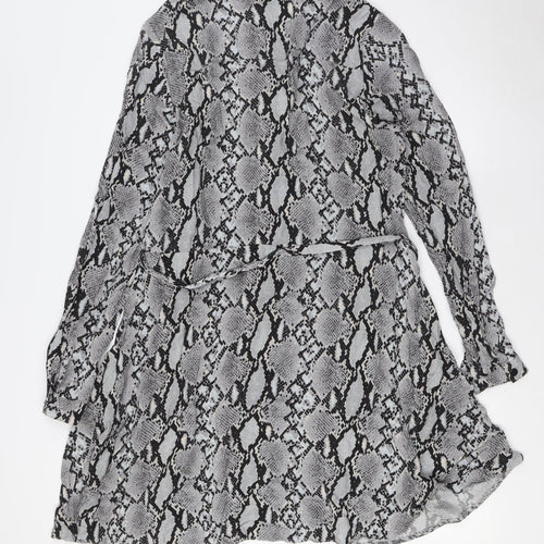 Select Womens Grey Animal Print Viscose A-Line Size 16 Collared Button - Belted