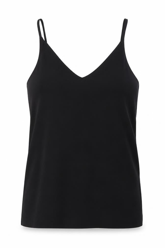 Front view of H&M women’s black polyester camisole button-up, size UK 6, v-neck