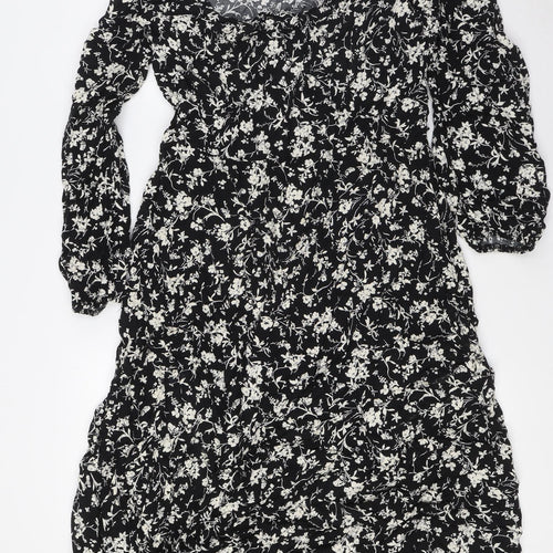 New Look Womens Black Floral Viscose A-Line Size 16 Scoop Neck Zip