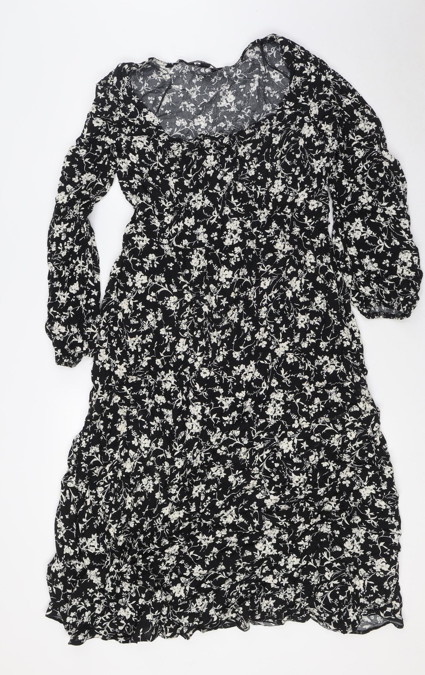 New Look Womens Black Floral Viscose A-Line Size 16 Scoop Neck Zip