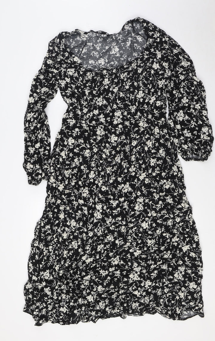 New Look Womens Black Floral Viscose A-Line Size 16 Scoop Neck Zip